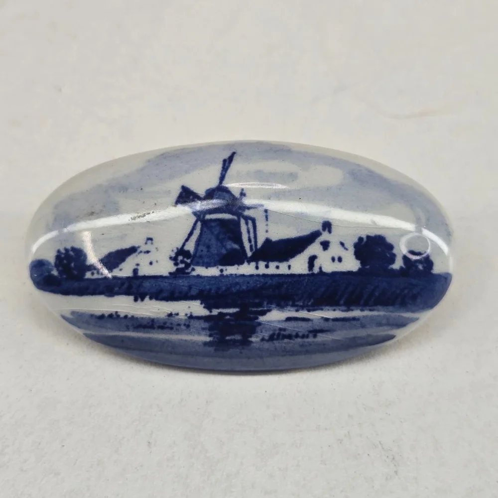 Vintage Delft Brooch Blue Windmill MCM 1950's Collectible Dutch Porcelain